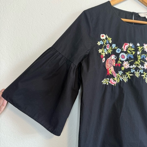 Loft Parrot Jungle Bell Mid Sleeve Embroidered Colorful Floral Black Shirt Top - Picture 5 of 12